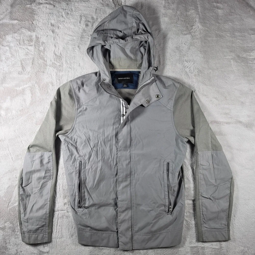 Banana Republic Mixed Media Jacket‎ Mens Small Grey Hooded Full Zip Utility